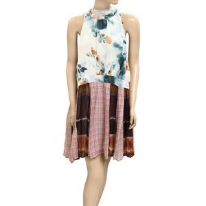 By Anthropologie Maeve Gingham Floral Printed Halter Mini Dress 2X PS New 280434